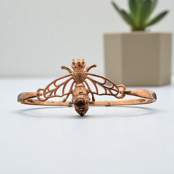 Copper Bee Hook Bracelet Genuine Amber Accent Handmade Artisan Bangle - Picture 2 of 7
